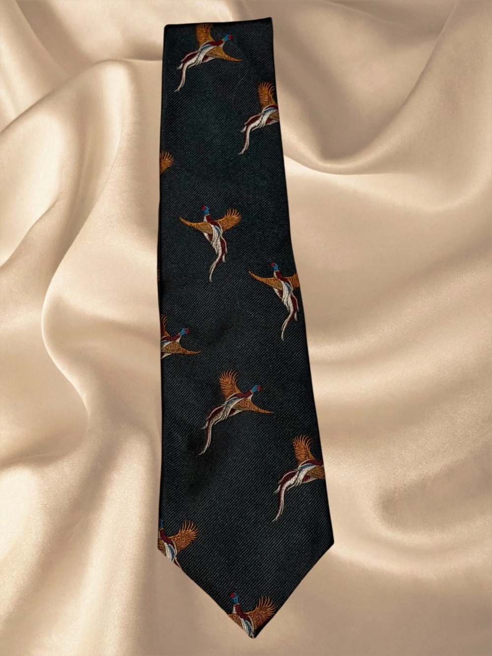 FERRELL REED for Nordstrom Deep Green Silk Tie Adorned with Flying Pheasants